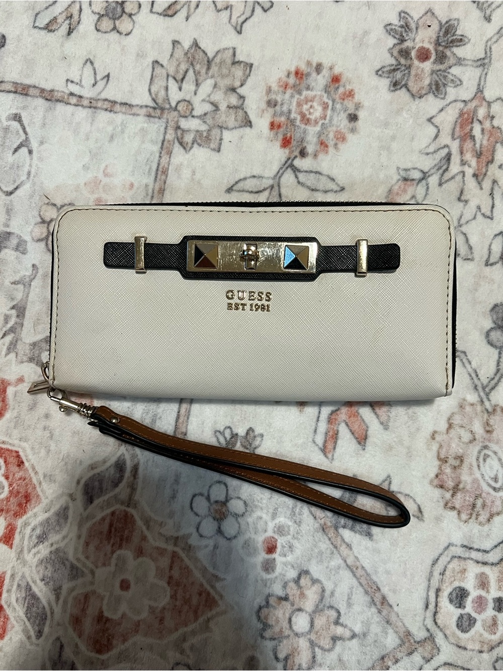 GUESS Cream and Black Zip-Around Wristlet Wallet with Brown Strap